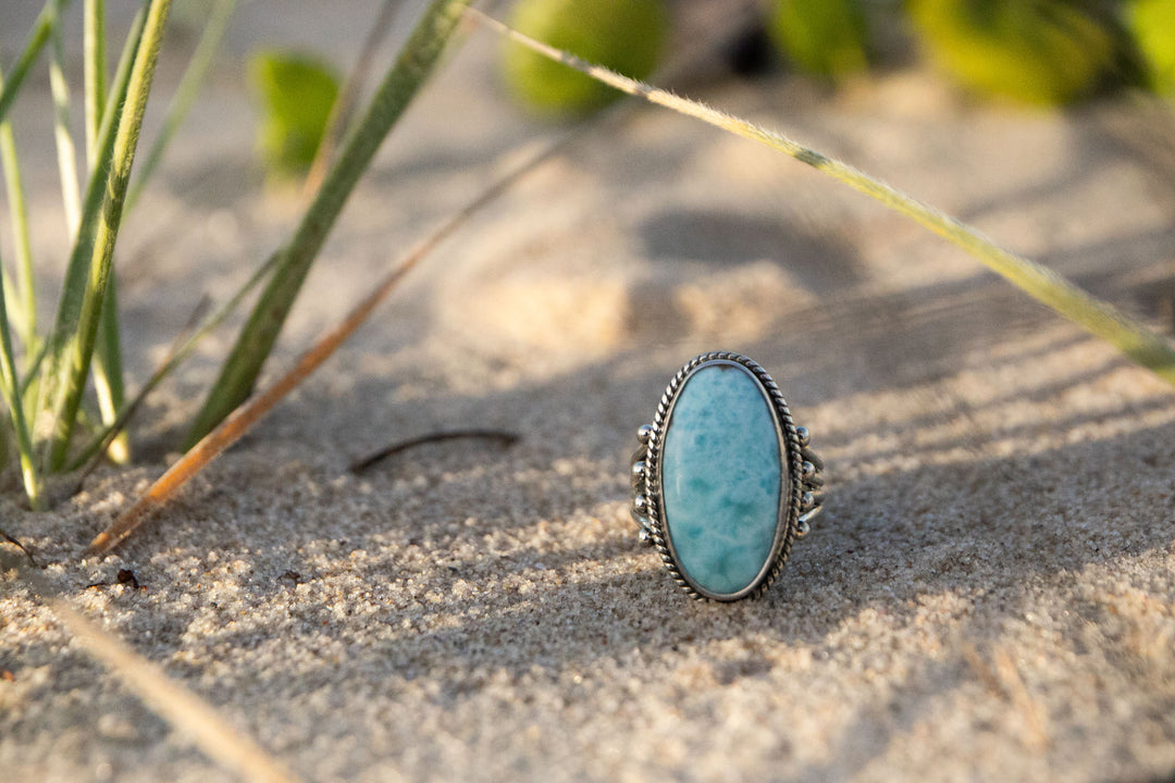 Larimar Ring in Tribal Sterling Silver Setting - Size 9 US