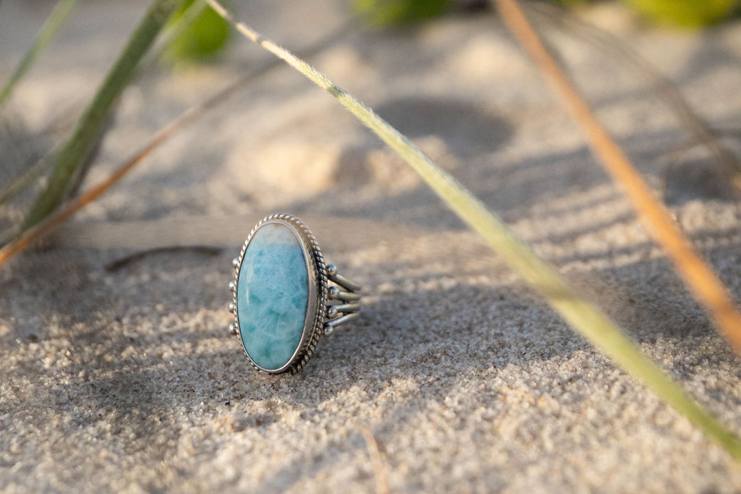 Larimar Ring in Tribal Sterling Silver Setting - Size 9 US