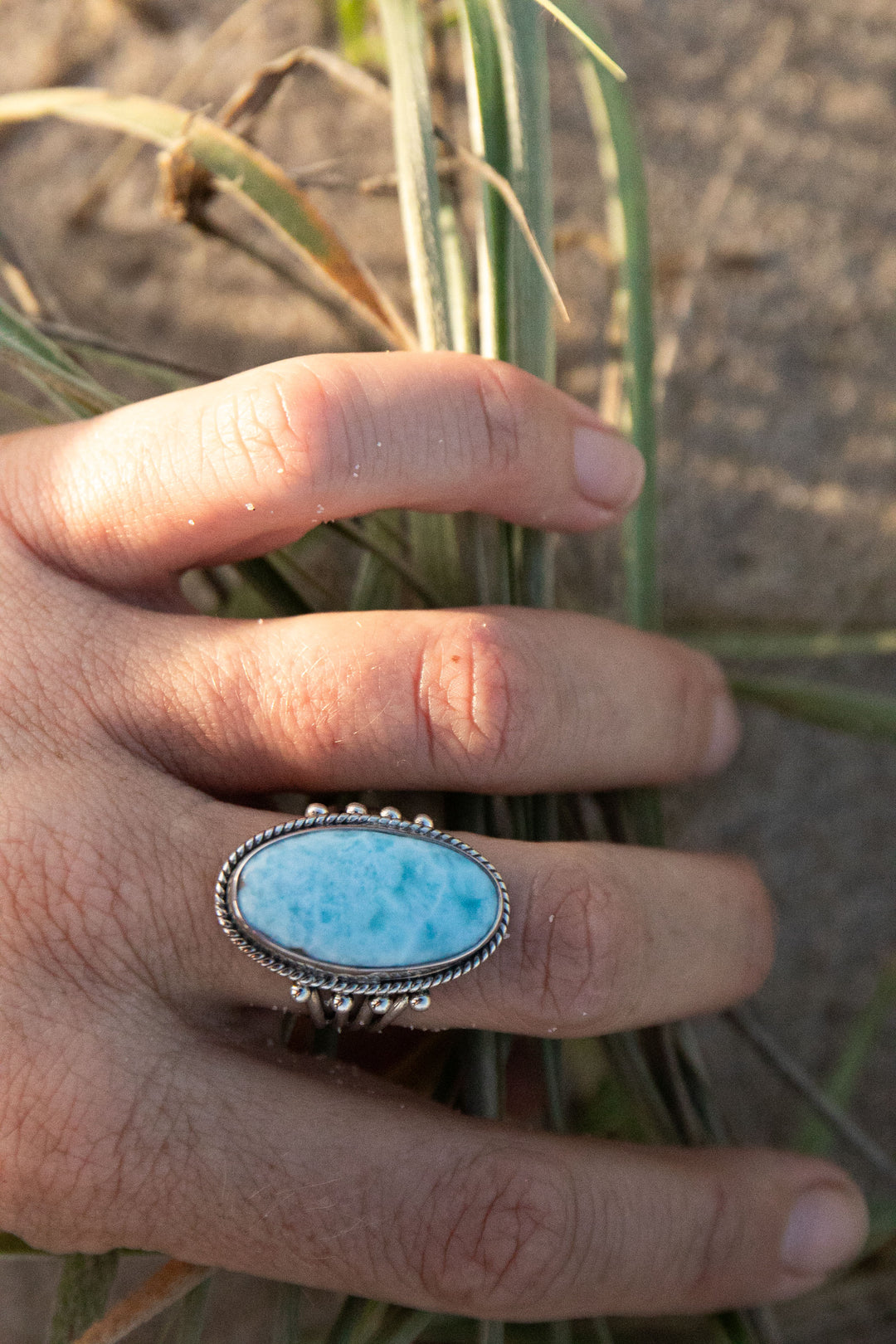 Larimar Ring in Tribal Sterling Silver Setting - Size 9 US