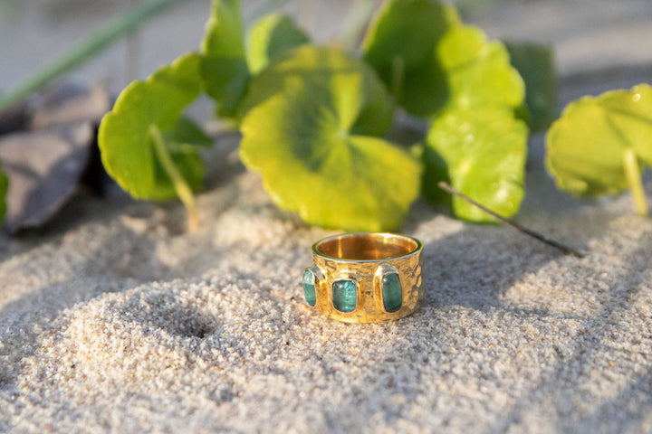 Triple Blue Green Tourmaline Ring set in Beaten 14k Gold Plated Sterling Silver - Size 8 US