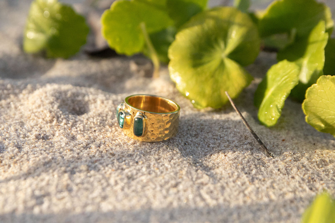 Triple Blue Green Tourmaline Ring set in Beaten 14k Gold Plated Sterling Silver - Size 8 US