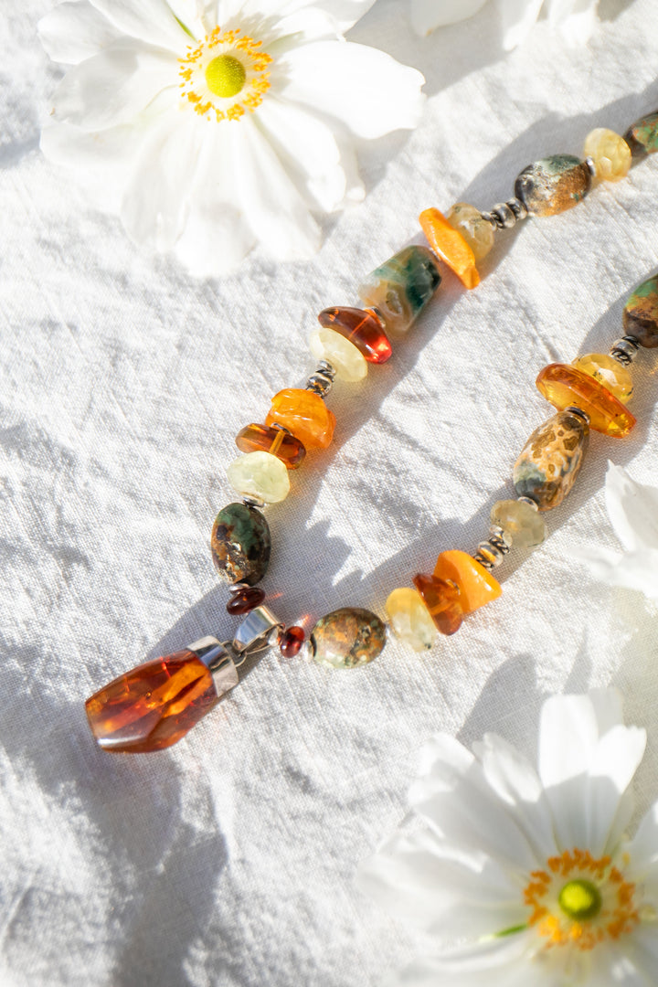 RESERVED for Ania ** Handmade Amber, Turquoise, Prehnite and Ocean Jasper Necklace with Thai Hill Tribe Silver