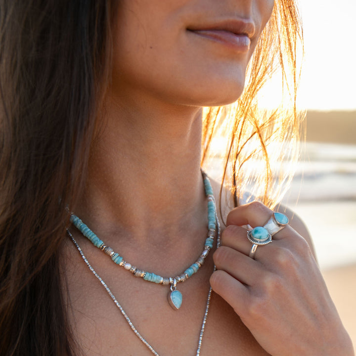 Beaded Larimar Short Necklace with Thai Hill Tribe Silver and Larimar Pendant
