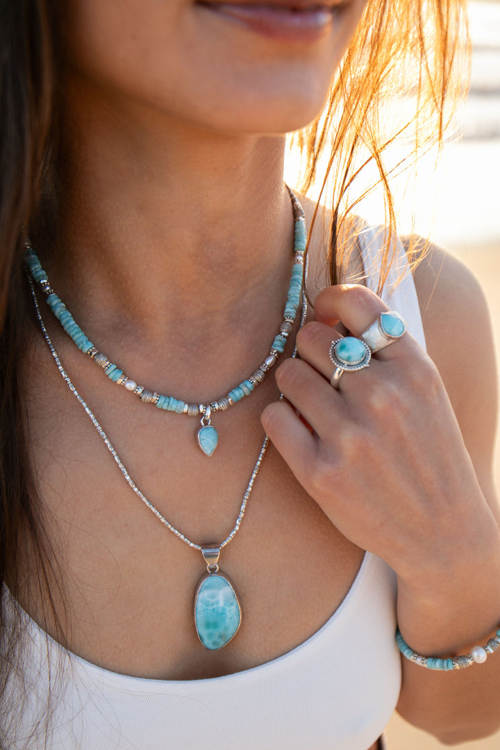 Beaded Larimar Short Necklace with Thai Hill Tribe Silver and Larimar Pendant