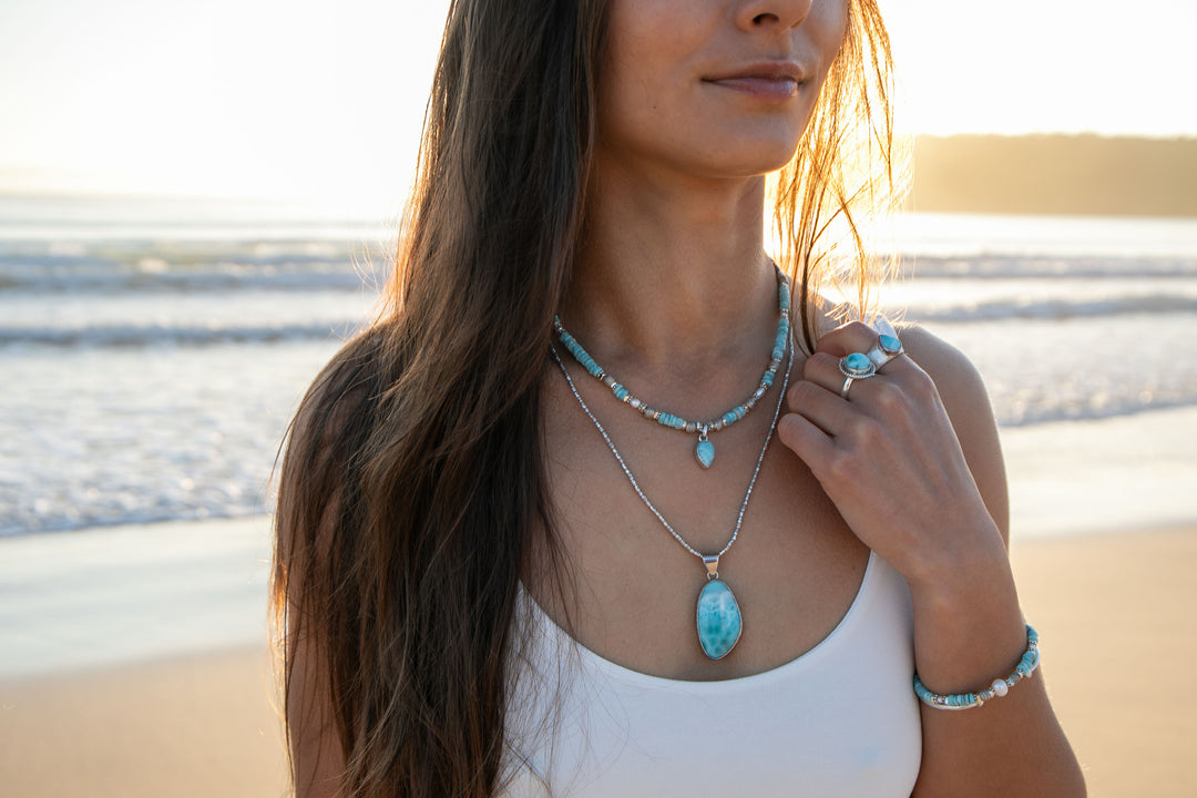 Beaded Larimar Short Necklace with Thai Hill Tribe Silver and Larimar Pendant