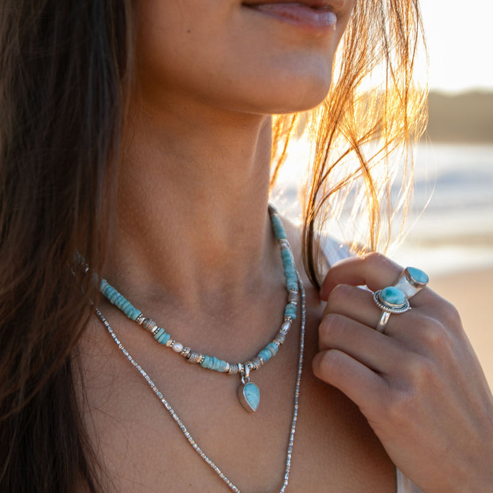 Beaded Larimar Short Necklace with Thai Hill Tribe Silver and Larimar Pendant