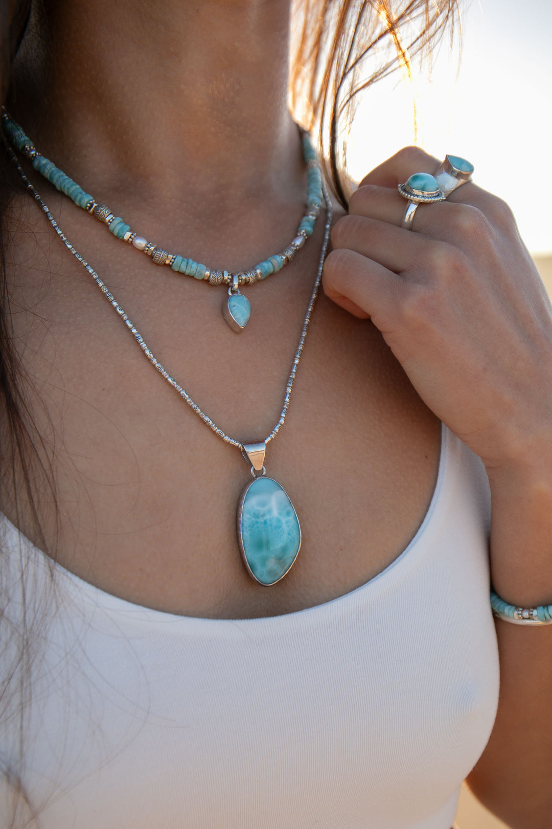 Beaded Larimar Short Necklace with Thai Hill Tribe Silver and Larimar Pendant