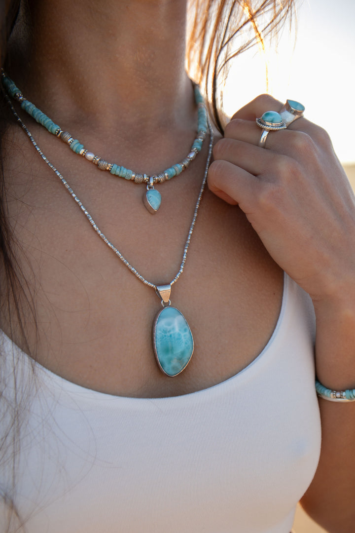 Beaded Larimar Short Necklace with Thai Hill Tribe Silver and Larimar Pendant
