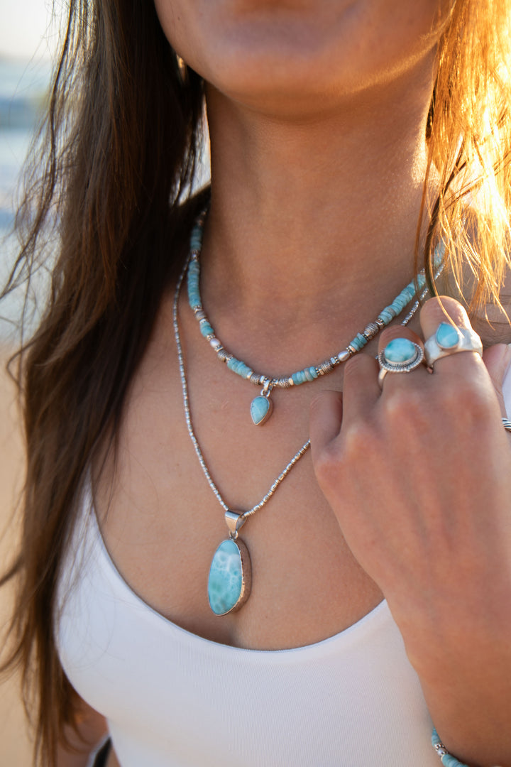 Beaded Larimar Short Necklace with Thai Hill Tribe Silver and Larimar Pendant