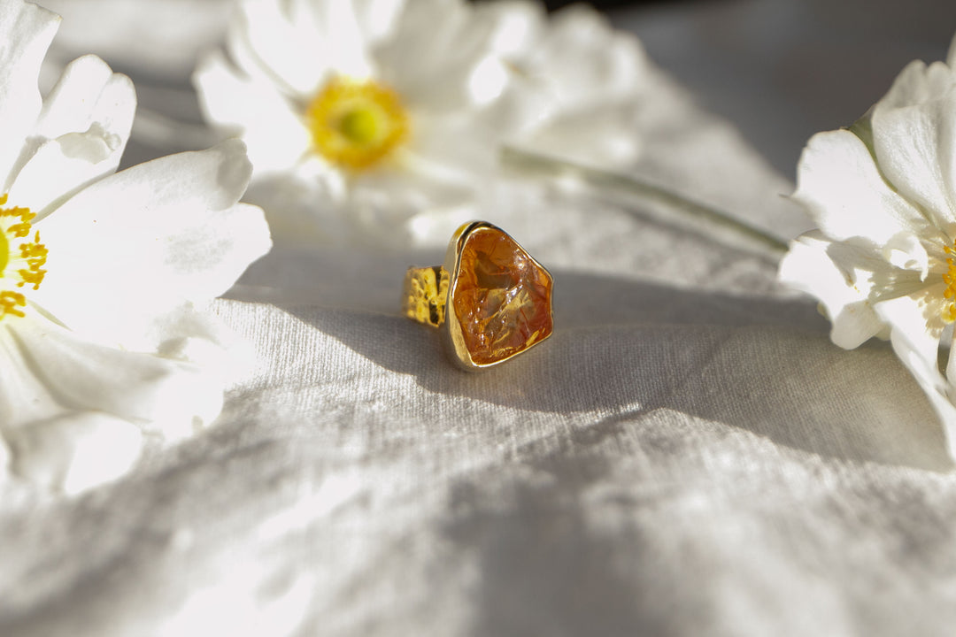 Raw Citrine Ring in Gold Plated Sterling Silver - Adjustable Band