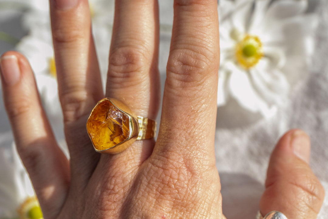 Raw Citrine Ring in Gold Plated Sterling Silver - Adjustable Band