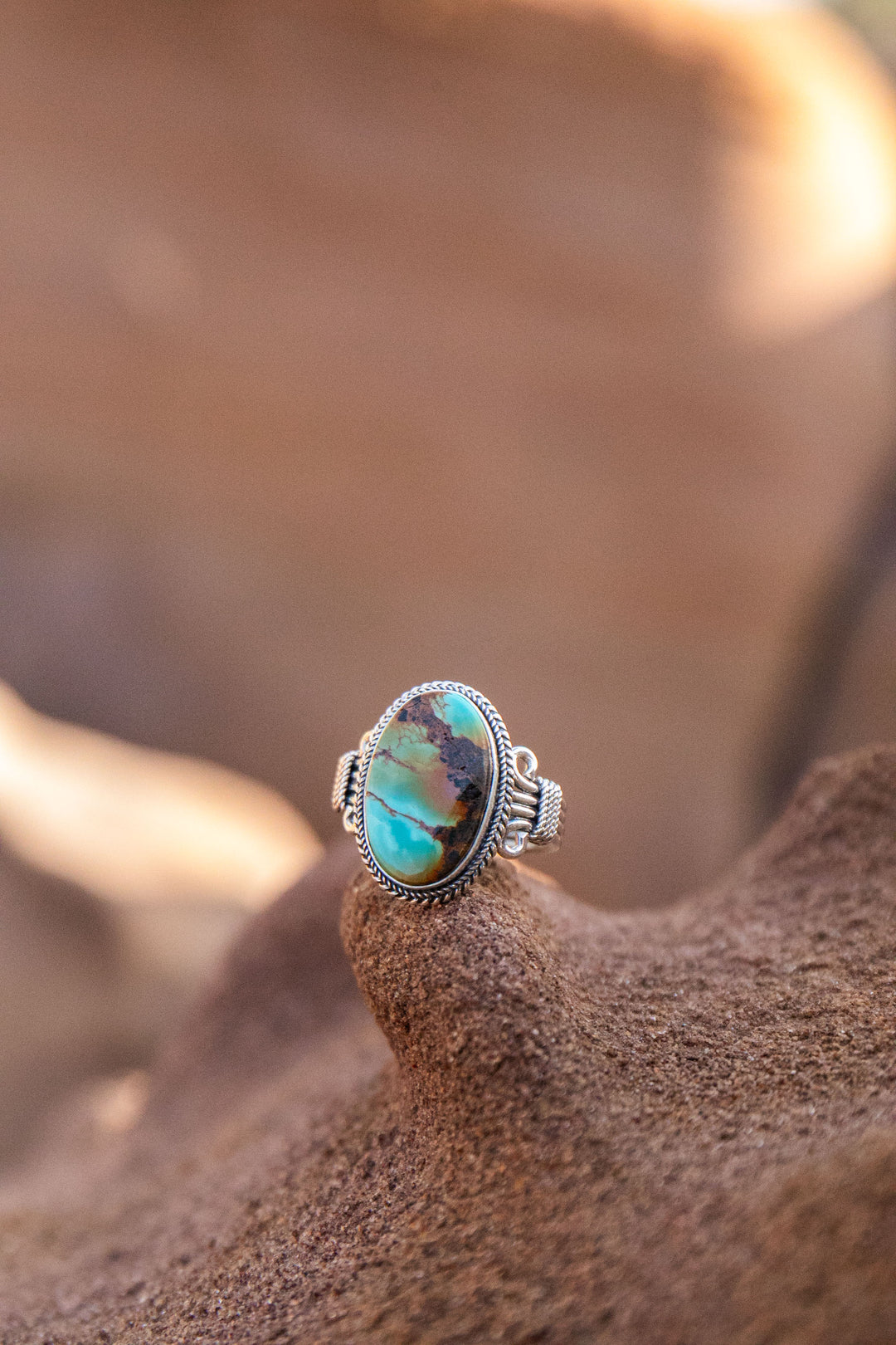 Genuine Turquoise Ring set in Tribal Sterling Silver - Size 9 US