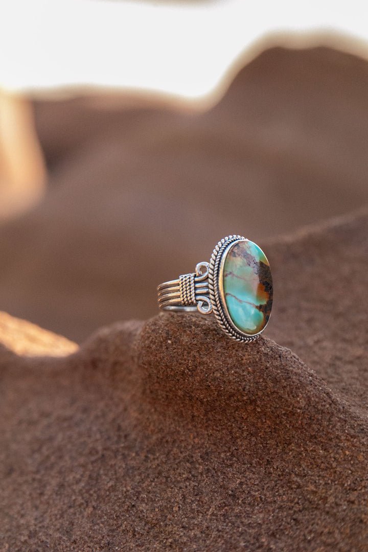 Genuine Turquoise Ring set in Tribal Sterling Silver - Size 9 US