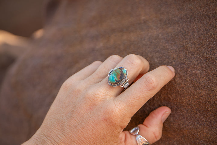 Genuine Turquoise Ring set in Tribal Sterling Silver - Size 9 US