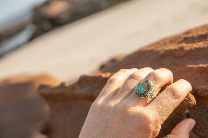 Genuine Turquoise Ring set in Tribal Sterling Silver - Size 9 US