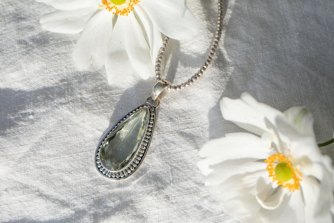 Faceted Green Amethyst or Prasiolite Pendant in Unique 92.5% Sterling Silver