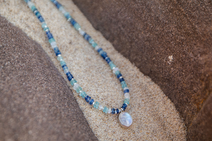 Blue Kyanite, Rainbow Moonstone and Aquamarine Choker Style Necklace