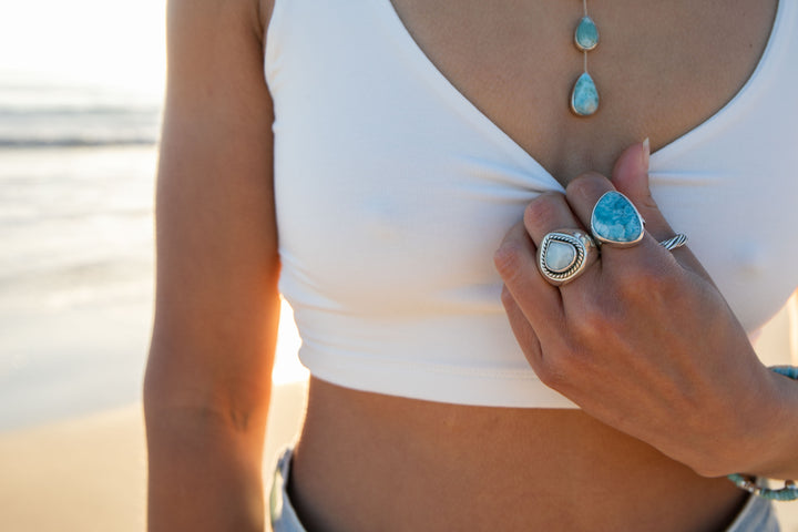 Larimar Ring with Sterling Silver Band - Size 8 US