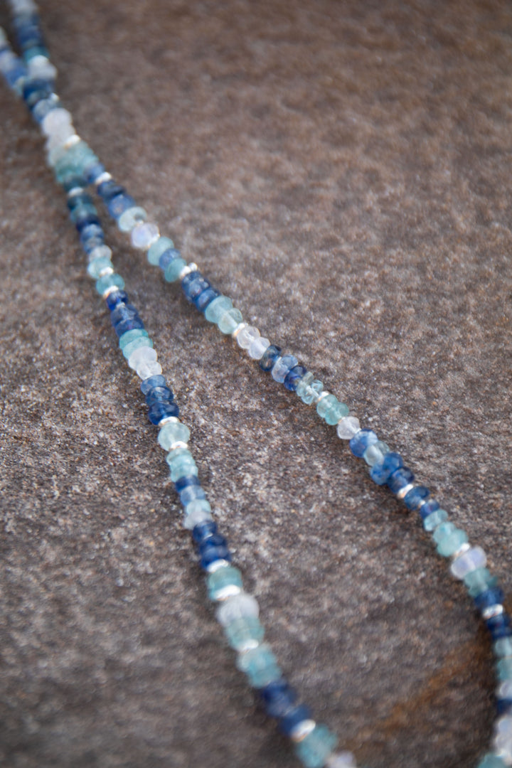 Blue Kyanite, Rainbow Moonstone and Aquamarine Choker Style Necklace