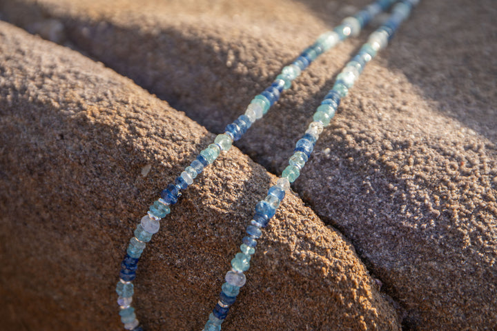 Blue Kyanite, Rainbow Moonstone and Aquamarine Choker Style Necklace