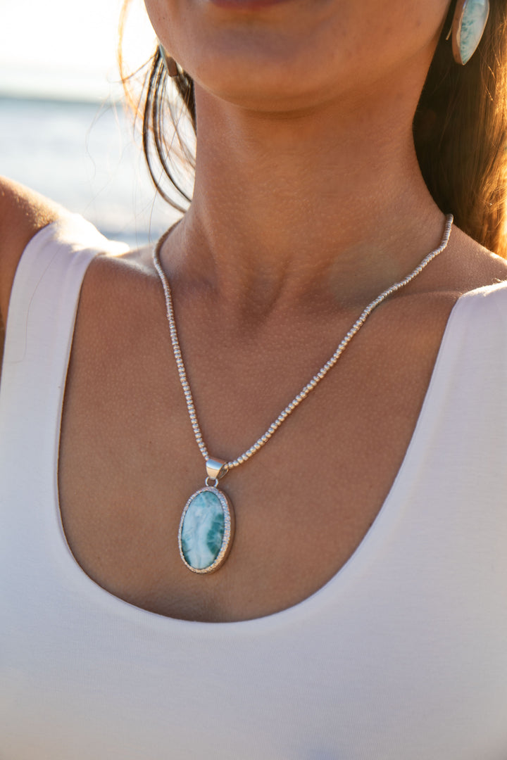 Larimar Pendant in Unique Bezel Silver Setting