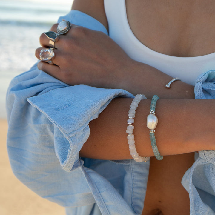 Pearl and Freshwater Aquamarine Bracelet with Thai Hill Tribe Silver