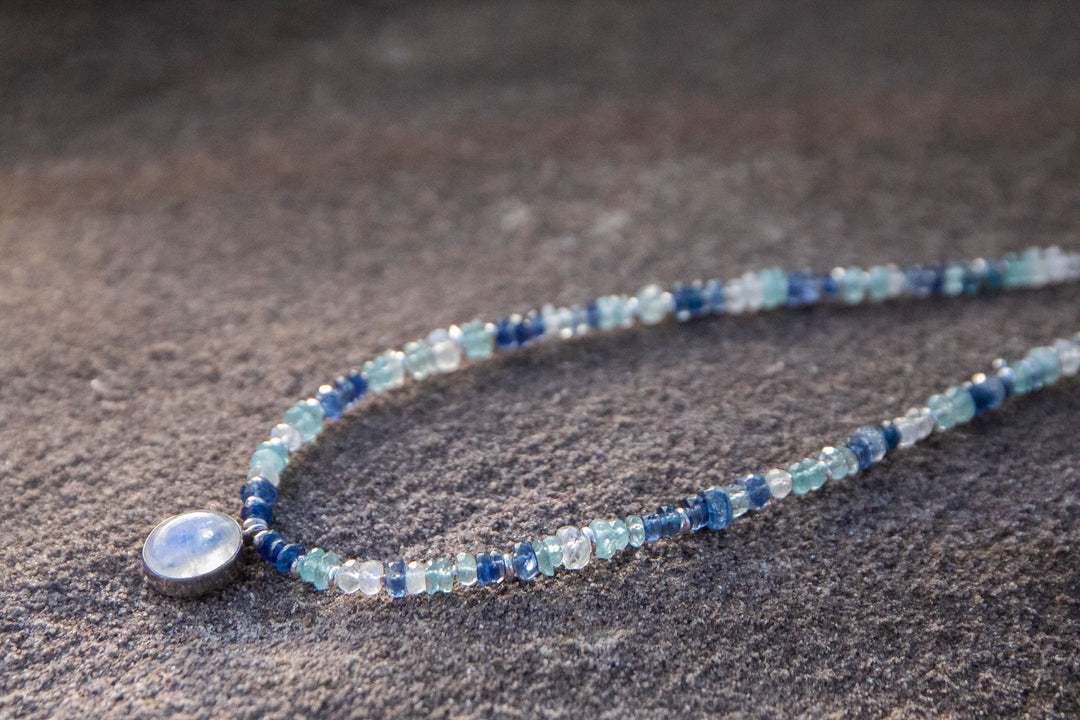 Blue Kyanite, Rainbow Moonstone and Aquamarine Choker Style Necklace