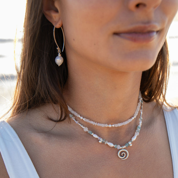 Ocean Inspired Aquamarine, Moonstone & Pearl Necklace with Hill Tribe Silver Beads and Spiral Pendant
