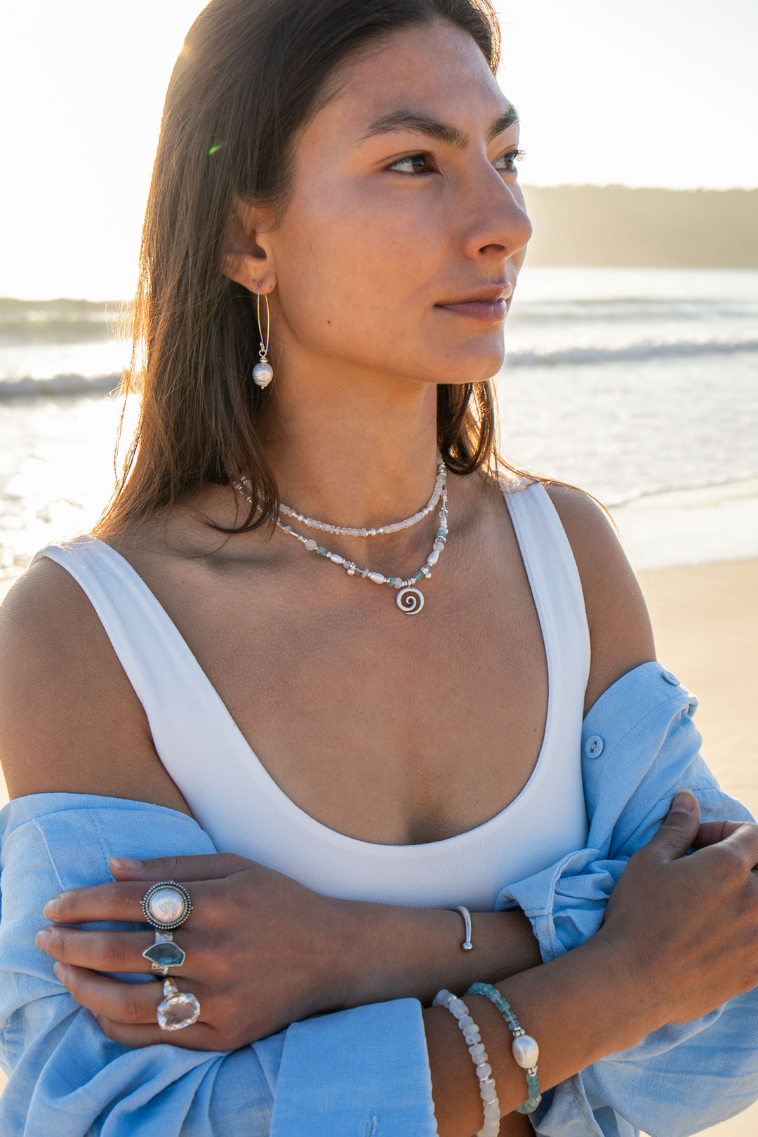 Ocean Inspired Aquamarine, Moonstone & Pearl Necklace with Hill Tribe Silver Beads and Spiral Pendant