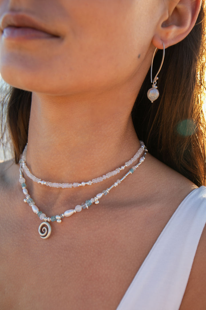 Ocean Inspired Aquamarine, Moonstone & Pearl Necklace with Hill Tribe Silver Beads and Spiral Pendant