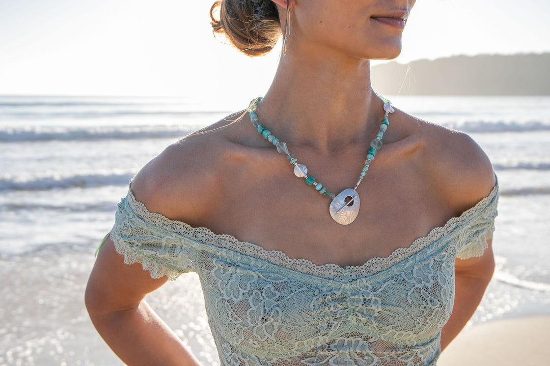 Amazonite, Fluorite and Larimar Necklace with Thai Hill Tribe Silver