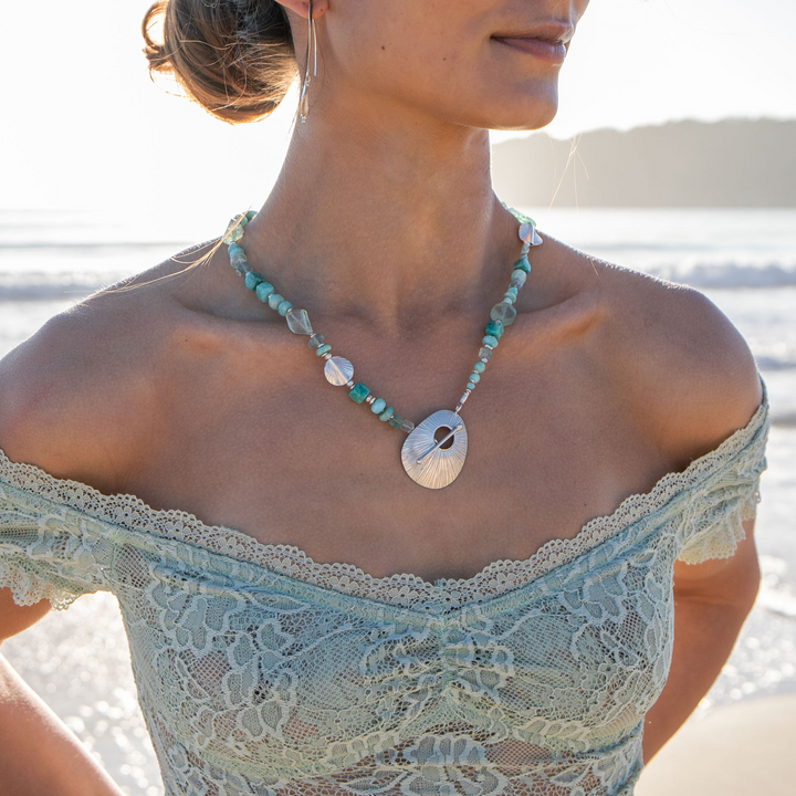 Amazonite, Fluorite and Larimar Necklace with Thai Hill Tribe Silver