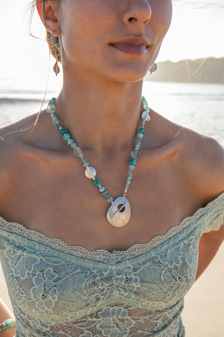 Amazonite, Fluorite and Larimar Necklace with Thai Hill Tribe Silver
