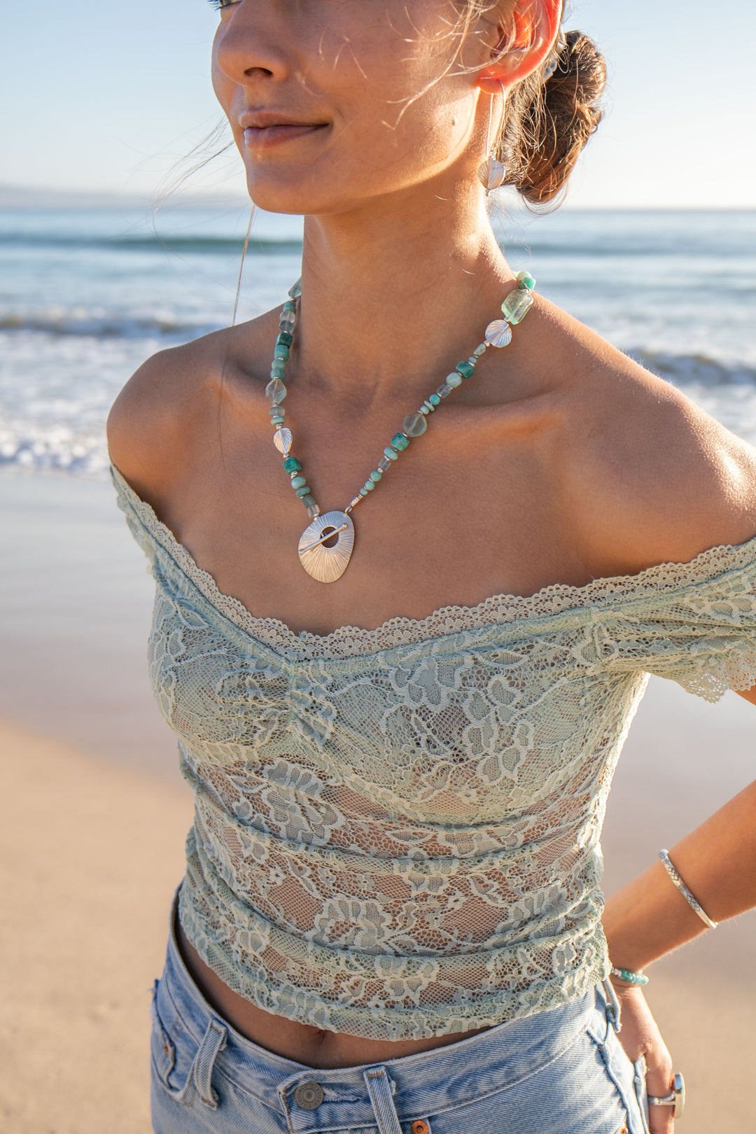 Amazonite, Fluorite and Larimar Necklace with Thai Hill Tribe Silver