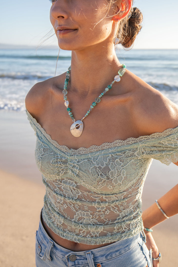 Amazonite, Fluorite and Larimar Necklace with Thai Hill Tribe Silver