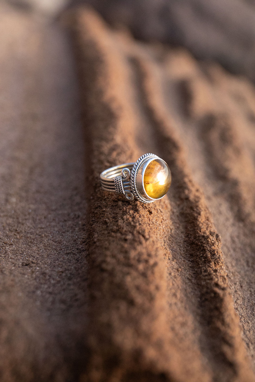 Amber Ring set in Decorative Sterling Silver - Size 8 US