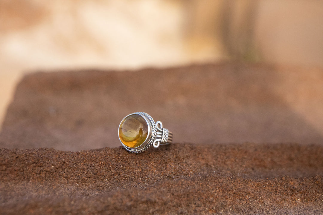 Amber Ring set in Decorative Sterling Silver - Size 8 US