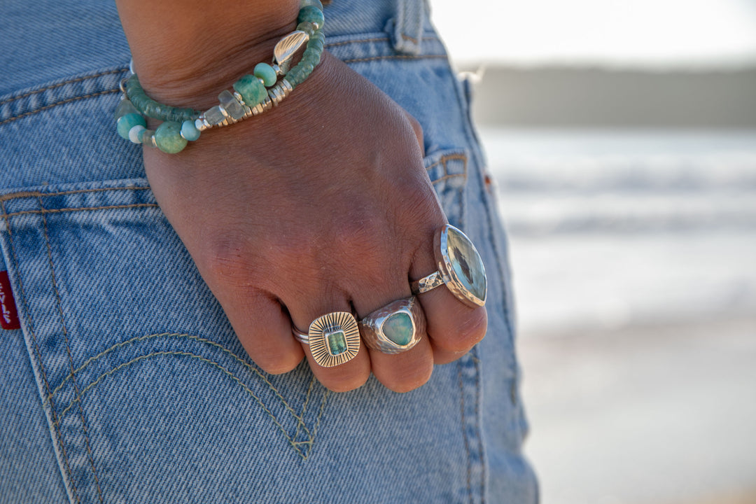 Faceted Ellipse Green Amethyst Ring in Sterling Silver Setting - Size 8.5 US