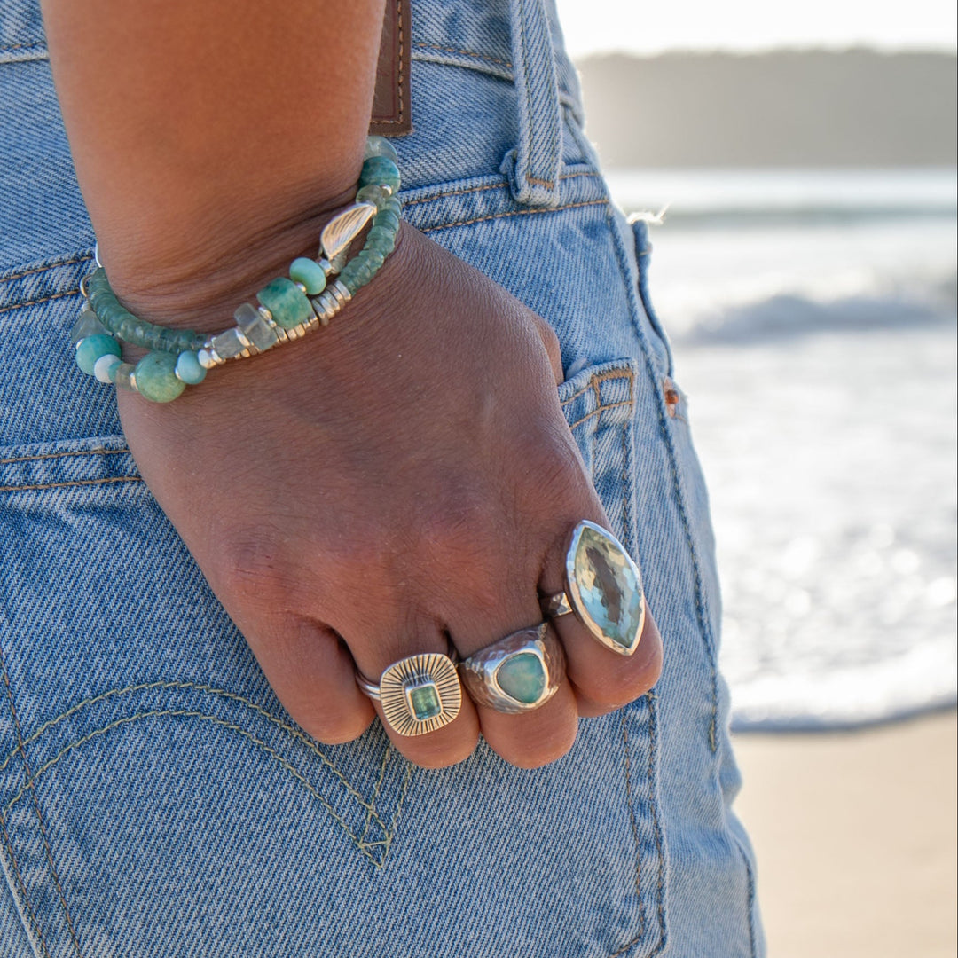 Faceted Ellipse Green Amethyst Ring in Sterling Silver Setting - Size 8.5 US