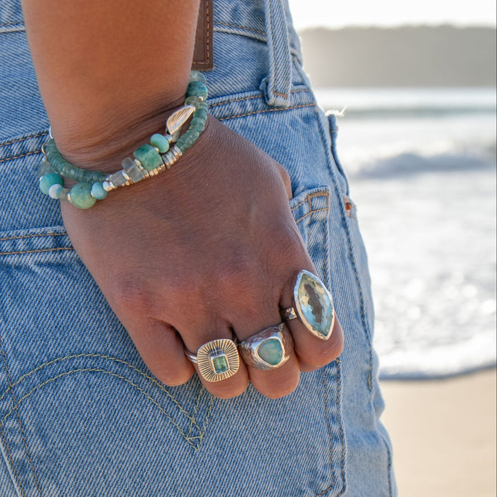 Faceted Ellipse Green Amethyst Ring in Sterling Silver Setting - Size 8.5 US