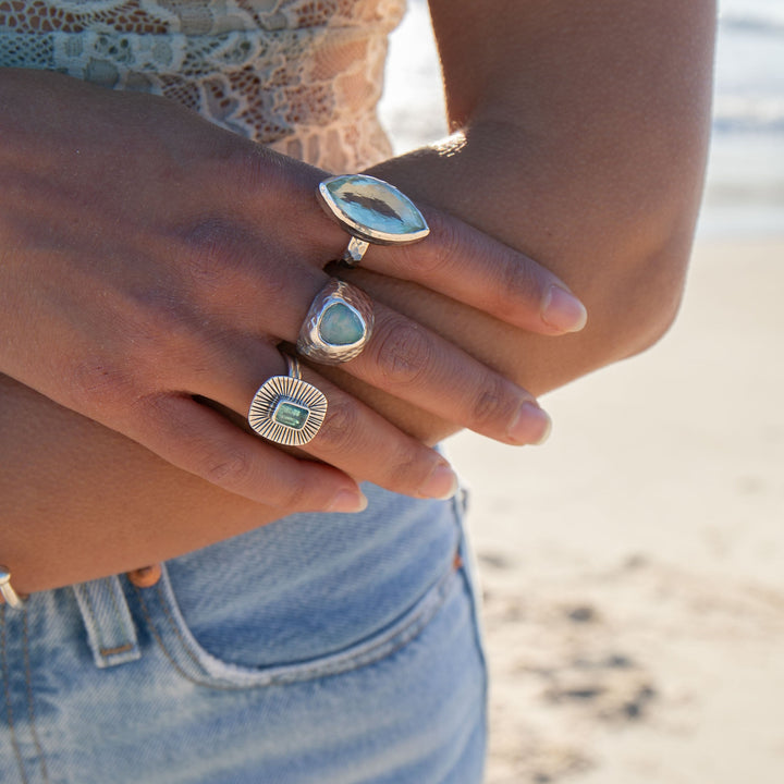 Blue Indicolite Tourmaline Ring in Sunburst Sterling Silver - Size 7 US