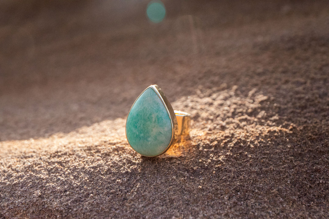 Amazonite Ring in Gold Plated Sterling Silver Setting - Adjustable