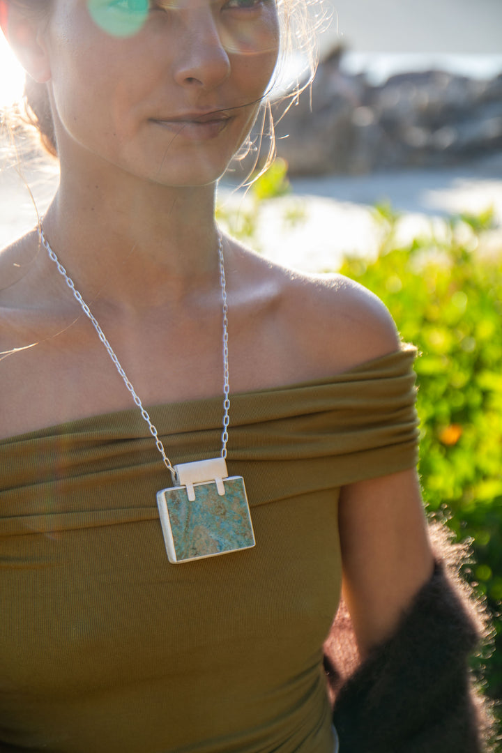 Stunning Statement Chrysocolla Pendant in Unique Sterling Silver Setting