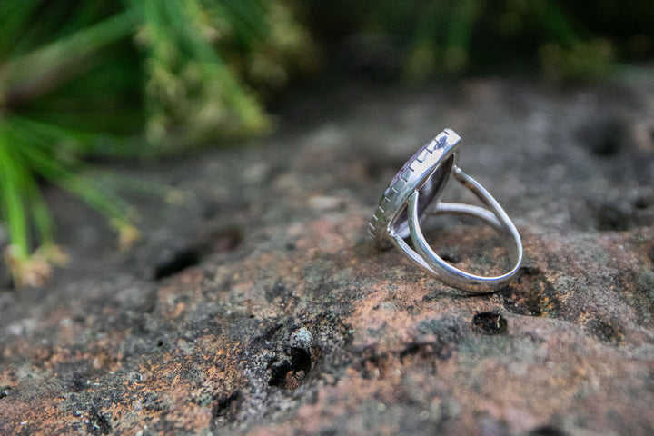 Purple Teardrop Ocean Jasper Ring in Unique Sterling Silver - Size 7.5 US