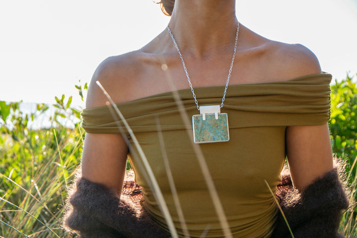 Stunning Statement Chrysocolla Pendant in Unique Sterling Silver Setting