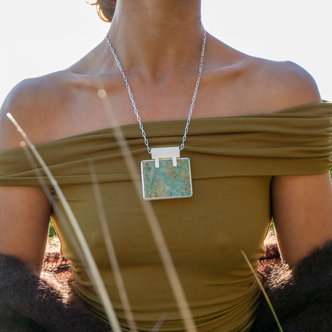Stunning Statement Chrysocolla Pendant in Unique Sterling Silver Setting