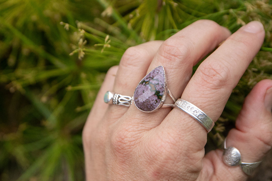 Purple Teardrop Ocean Jasper Ring in Unique Sterling Silver - Size 7.5 US