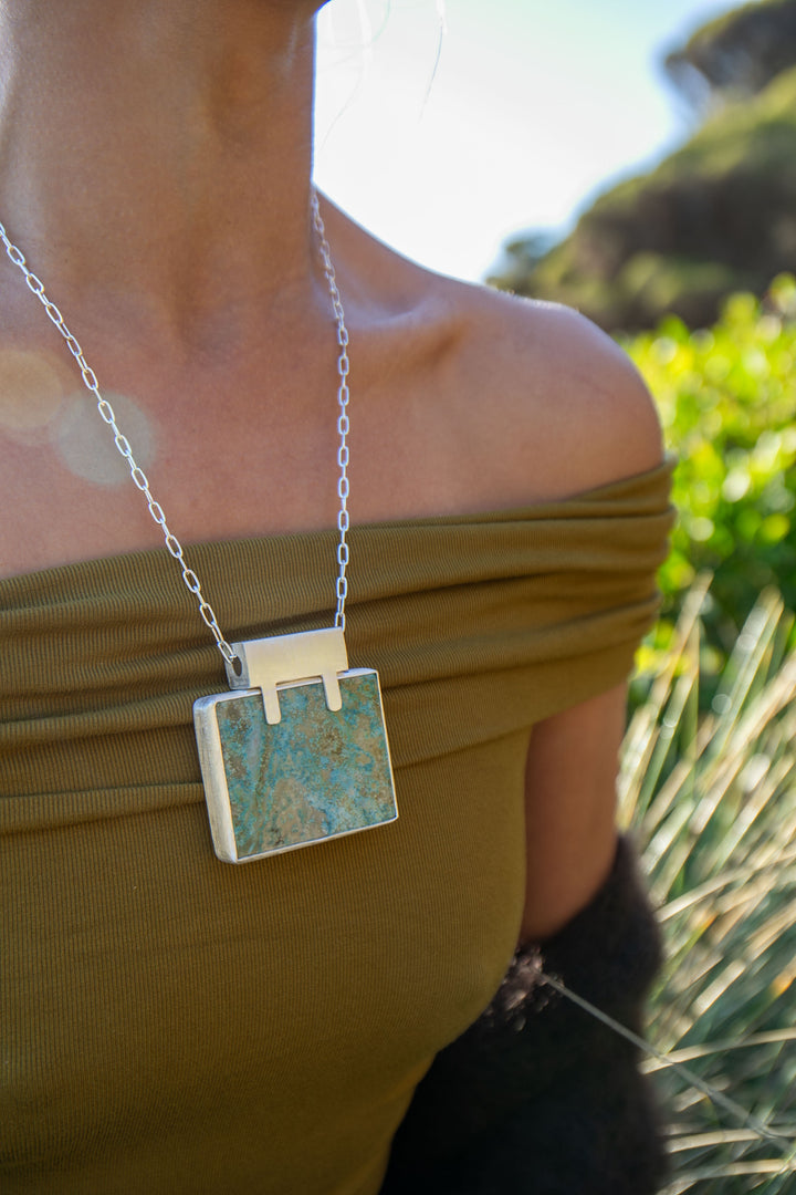 Stunning Statement Chrysocolla Pendant in Unique Sterling Silver Setting