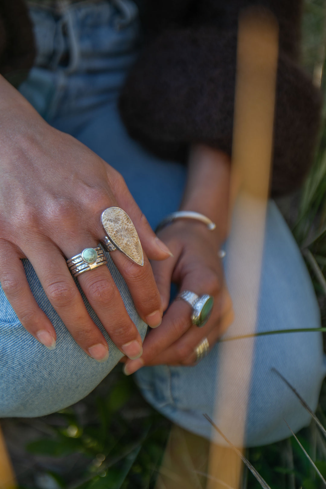 Teardrop Fossil Coral Ring in Beaten Sterling Silver - Adjustable