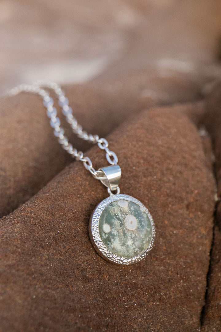 Ocean Jasper Pendant set in Unique Sterling Silver Setting